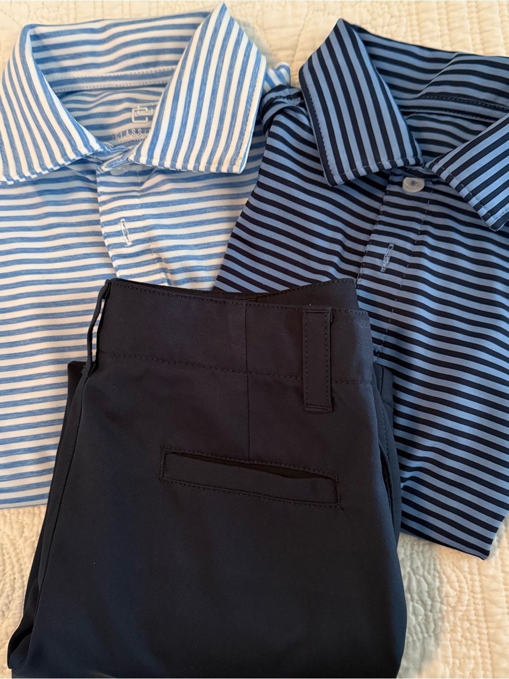 Class Club size 6, two Striped performance Polo Shirts, navy performance pants